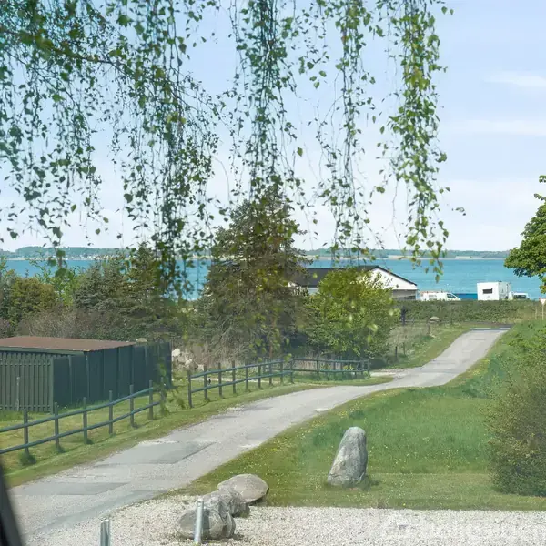 Udsigt fra vindue viser en grusvej, der snor sig gennem en grøn have mod et blåt hav i baggrunden. Træer og buske omkranser området, skaber en rolig atmosfære.