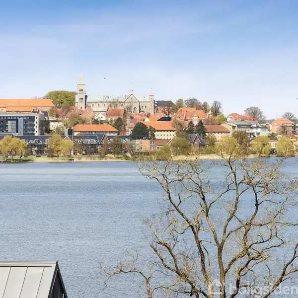 Et bylandskab med røde tage ses i baggrunden, mens en sø med træer i forgrunden skaber en naturlig ramme. En bygning med et tårn dominerer midten.