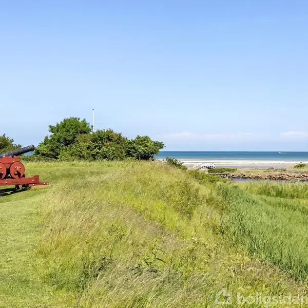 En kanon står på en græsplæne ved kysten. Den peger ud over havet, omgivet af grønne buske og blå himmel, mens en strand og havet er synlige i baggrunden.