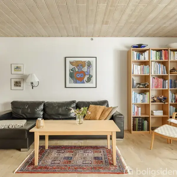 Sort lædersofa med farverige puder står ved væggen, flankeret af en bogreol og et ophængt vitrineskab; foran står et træbord med en vase, omgivet af tæppe.