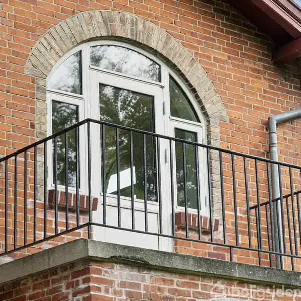 Bueformet vindue med hvid ramme åbner ud mod en lille balkon med sort metalgelænder. Bygningen er af rød mursten, og en tagrende ses til højre.