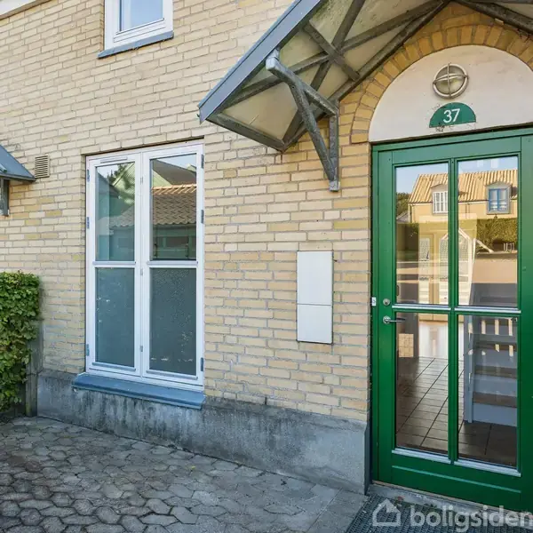 Hus indgang med grøn dør nummer 37, flankeret af vindue til venstre. Døren har glaspanel, og der er en murstensfacade. Omkring er der hække og flisebelægning.