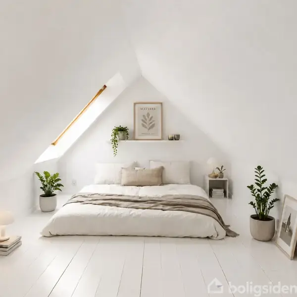 Soveværelse med lavt loft og skråvægge. En lav seng med puder står midt i rummet, omkranset af potteplanter og en plakat. Et skråvindue lader lys strømme ind. Tekst: "Visualisering".