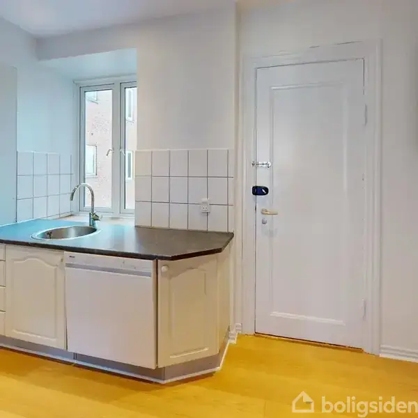 Et minimalistisk køkken med en hvid vask og opvaskemaskine indbygget i et hvidt skabsmiljø. Lyst trægulv og hvid flisevæg omkring vasken. En dør ligger til højre.