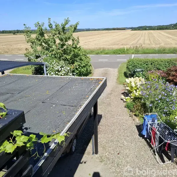 Et fladt tag med grønne planter står over en grussti. Tøj hænger til tørre ved siden af blomsterbede. I baggrunden ses en vej og åbne marker under en klar blå himmel.