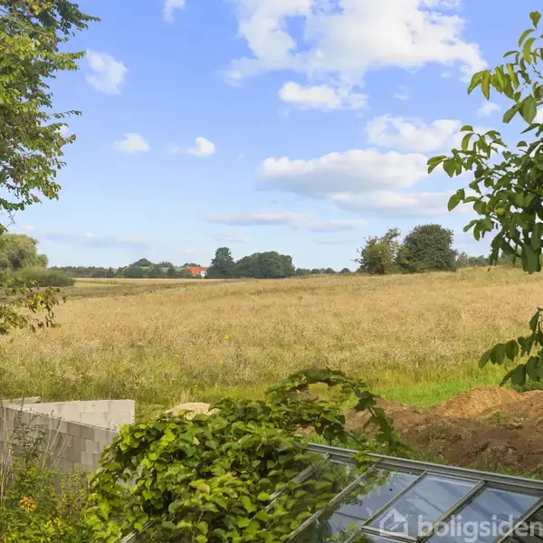 En mark strækker sig i det fjerne under en blå himmel med skyer. Forgrunden har buske og et drivhus, omgivet af træer.