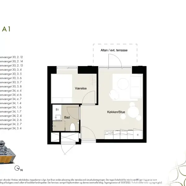 Plantegning af Boligtype A1 med 41,44 m². Indeholder: Værelse, Køkken/Stue, Bad, altan/terrasse. Liste over adresser tilgængelige på Pollenengen og Rolfasmosevej. Logo for Pollen Haven øverst til højre.