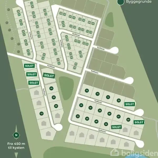 Kort viser byggegrunde i et parcelhuskvarter med solgte grunde markeret med "SOLGT". Området er inddelt i parceller med numre som 12, 16, 22, 24, 36, 38, 44, 46, 50, 52, 54, 56, 70, 74, 76, omkranset af veje.