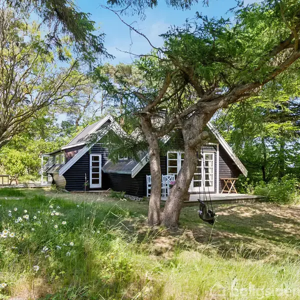 Et sort træhus står stille i en frodig have, omgivet af træer og højt græs med hvide blomster. En gynge hænger fra et træ i forgrunden.