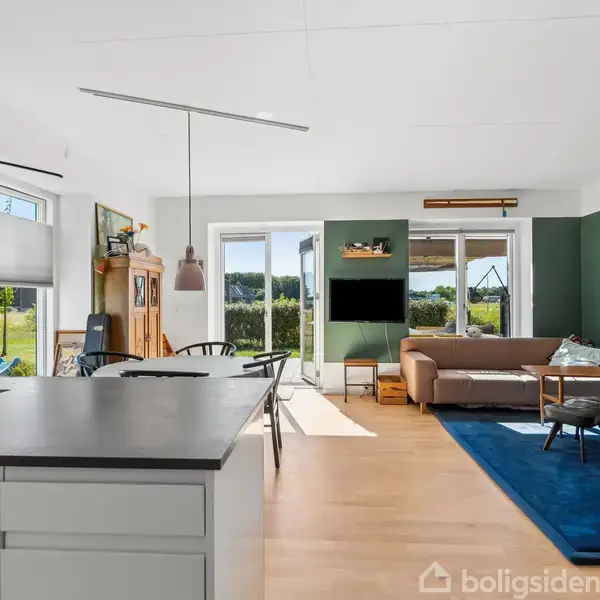 Stue og køkken med åben plan; køkken har sort bordplade, stue har brun sofa, blå tæppe, vægmonteret TV. Store vinduer og døre åbner ud mod en grøn have.