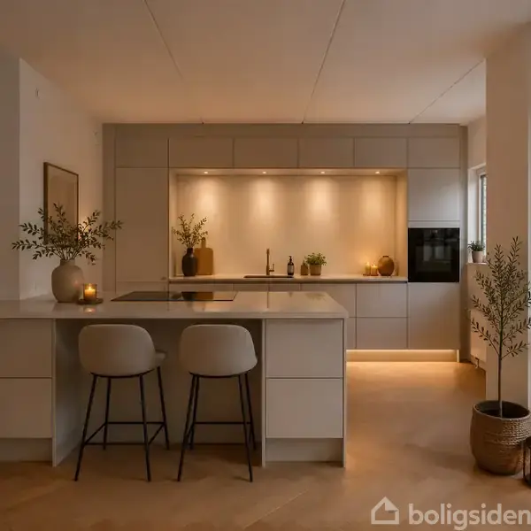 Et moderne køkken med en central ø og to barstole; dekorationer omfatter planter og stearinlys. Rummets varme belysning skaber en hyggelig atmosfære nær store vinduer.