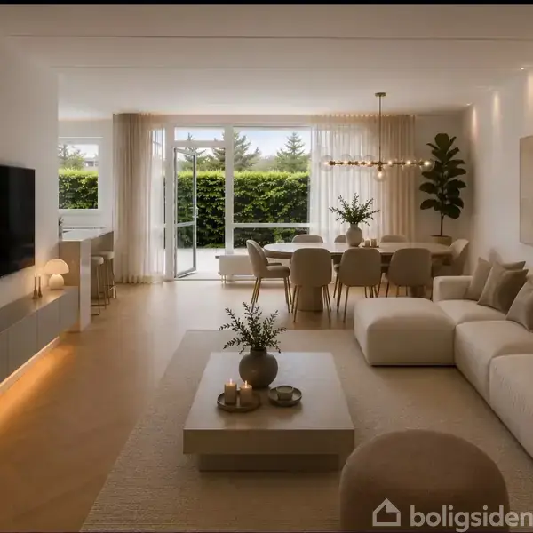 Stue med moderne møbler, herunder en stor sofa og sofabord, vindue mod have, spisebord med stole, og vægmonteret TV. Rummet er lyst og luftigt med minimalistisk indretning.