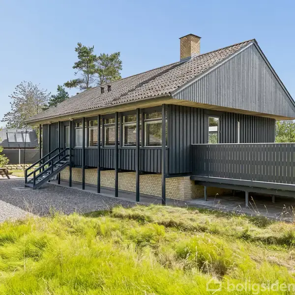 En grusvej, der fører mod havet, omkranset af lave, tørre buske og et enkelt træ. Vejen ender ved kystlinjen med udsigt over det klare blå hav.