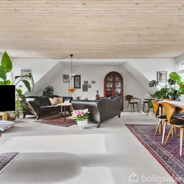 Stue med lædersofaer og sofabord placeret på tæpper, omgivet af grønne planter og malerier på væggene, ved et træspisebord med stole, under et lyst træloft.