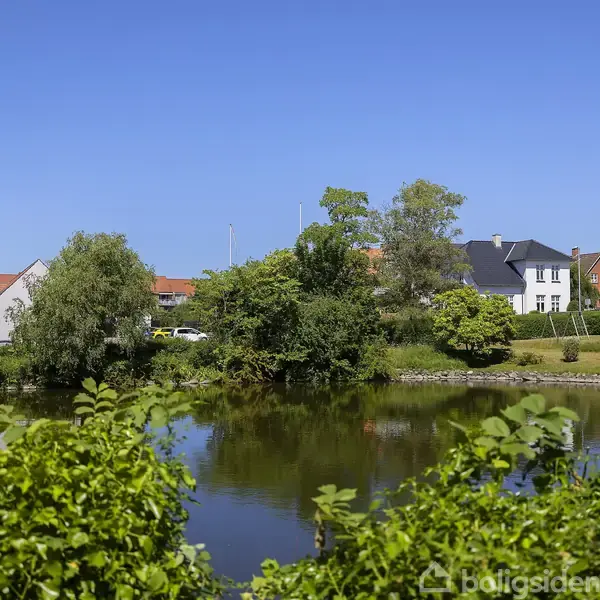 En sø omgivet af grønne buske og træer, med huse synlige i baggrunden under en klar blå himmel.