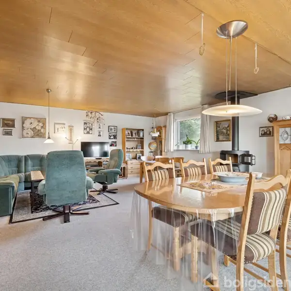 Et stort, lyst stueområde med spisebord til otte personer. Grønne sofaer og lænestole står i en hyggekrog med tv. Træloft og tæppebeklædt gulv skaber en varm atmosfære.