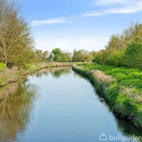 En stille flod flyder gennem en frodig, skovklædt dal under en klar blå himmel, omgivet af grønne træer og græs.