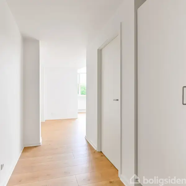 En lys entré med trægulve fører til et rum med dagslys gennem et vindue. Døren til højre åbner ind til et skab.