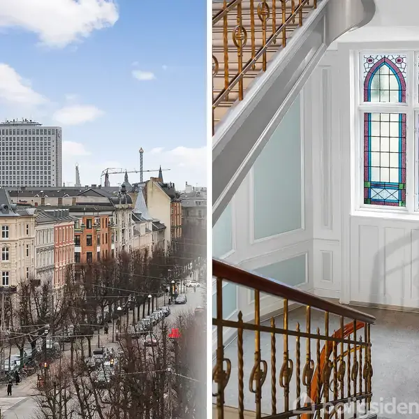 Gade omkranset af klassiske bygninger og nøgne træer, ledsaget af en indvendig trappeopgang med hvidmalede vægge og farvet glasvindue.