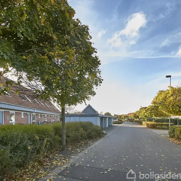 Rækkehuse strækker sig langs en rolig vej flankeret af grønne træer. Blå himmel med lette skyer ses i baggrunden, hvilket skaber en fredelig boligområdeatmosfære.