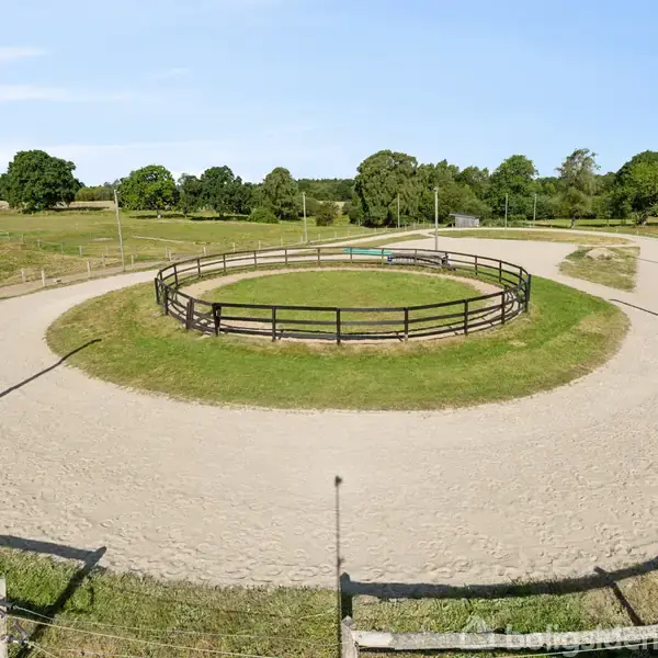 En oval ridebane med hvidt sand omgiver en rund indhegning i midten, omkranset af træhegn. Baggrunden viser åbne grønne marker og træer under en blå himmel.