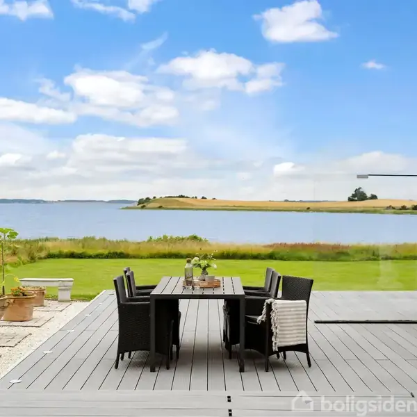 Terrassemøbler står stabilt på en moderne træterrasse med udsigt over en sø eller fjord. Planter i krukker dekorerer omgivelserne, der er præget af en grøn græsplæne og klar blå himmel.