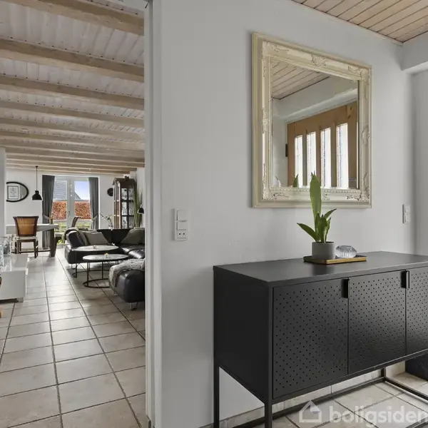 Sort skab står i en lys entre med et spejl over. En plante står på skabet. Åben dør fører ind til en stue med synlige træribber i loftet.