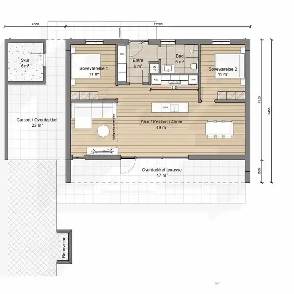 Plantegning viser et hus med stue/køkken/alrum (49 m²), to soveværelser (hver 11 m²), entre (6 m²), bad (5 m²), overdækket terrasse (17 m²), skur (6 m²), og carport (23 m²).