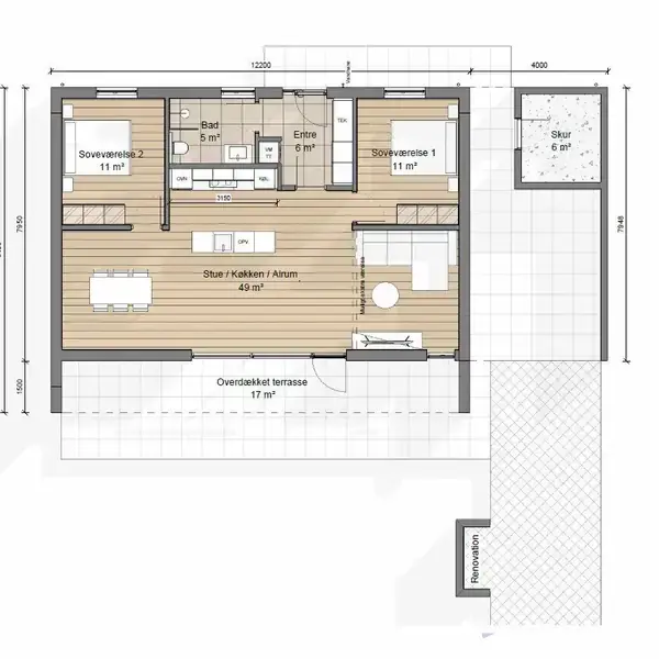 Plantegning viser en lejlighed med stue/køkken/alrum (49 m²), to soveværelser (11 m² hver), badeværelse (5 m²), entré (6 m²), overdækket terrasse (17 m²) og skur (6 m²).
