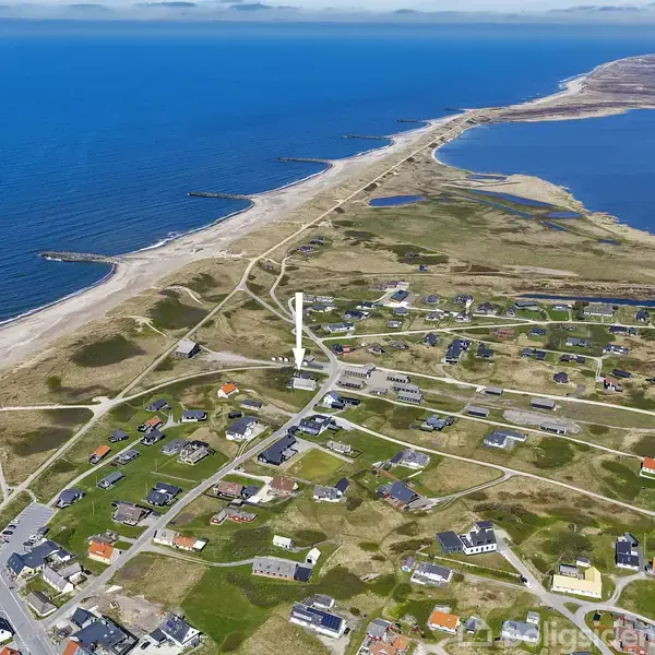 Kystområde med spredte huse strækker sig langs en lang strand med blå hav til venstre. Grusveje forbinder bygningerne, og områder med græs og sand omgiver landsbyen.<|vq_123|>