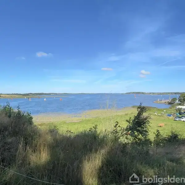 Udsigt over åbent vand, med både i horisonten, omgivet af frodige grønne marker og træer under en klar blå himmel. Til højre ses parkerede biler og en bygning.