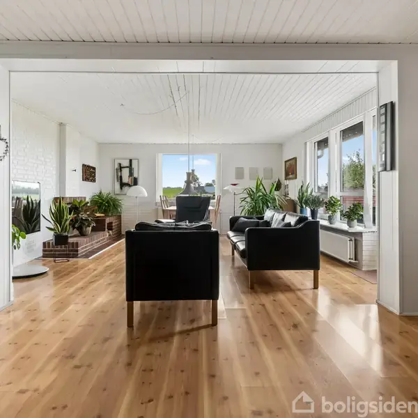 Sort lædersofa og stol står i stue med trægulv, omgivet af grønne planter. Store vinduer på højre side giver naturligt lys. Elegant og enkelt møbleret.
