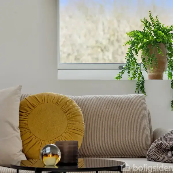 Sofa med pude og tæppe står i stue. Rund pude er gul. Vindue bagved viser sløret udendørs landskab. Grøn plante i potte pryder vindueskarm.