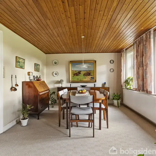 Et spisebord med seks stole står i en lys spisestue. Rummet har træloft, store vinduer med gardiner, planter og et maleri på væggen.