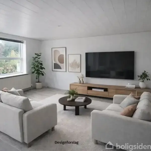 To lyse sofaer står i en stue, rettet mod et stort fladskærms-tv på en væg. Stuen har store vinduer, en lav reol og en rund sofabord. Tekst: "Designforslag".