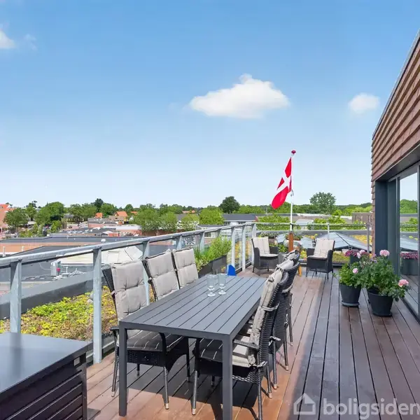 Terrasse med lang sort spisebord og stole under blå himmel. Dansk flag vajer. Terrasse omgivet af glasværn, udsigt over byens tage og træer. Blomsterkrukker langs kanten.