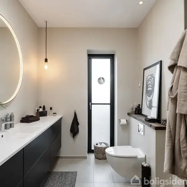 Rundt spejl hænger over en sort vask med planter. Lys hænger ned fra loftet. Toilettet er ved et smalt, oplyst vindue. Rammer og håndklæder skaber en moderne badeværelsesstemning.