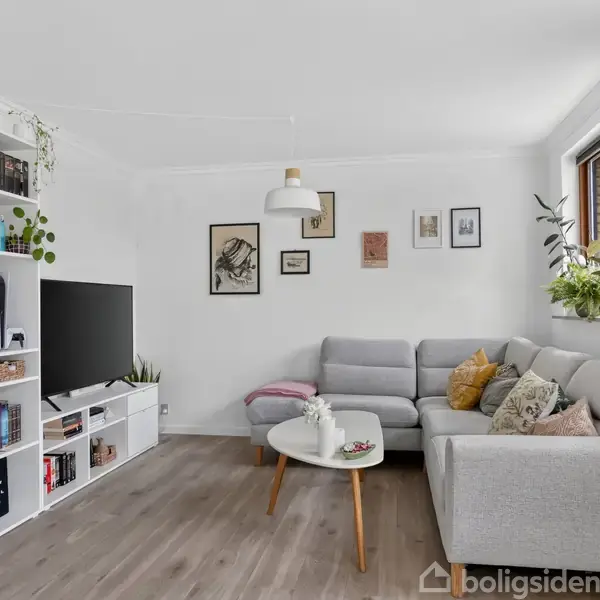Grå sofa danner hyggekrog med puder og tæppe, ved rundt sofabord med vase. TV-station til venstre. Vægge dekoreret med billeder. Plante ved vindue. Reol med spil og bøger.