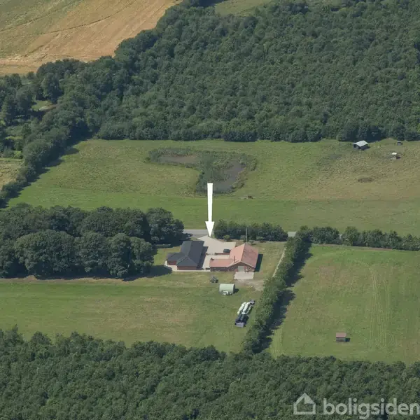 Hus med fladt tag peges ud med en hvid pil. Det ligger på en stor grund omgivet af skov og marker. En vej ses langs højre side.