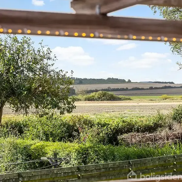 Træramme omkranser udsigten over en grøn mark med spredte træer under en blå himmel med skyer, der skaber et roligt landskabsbillede.