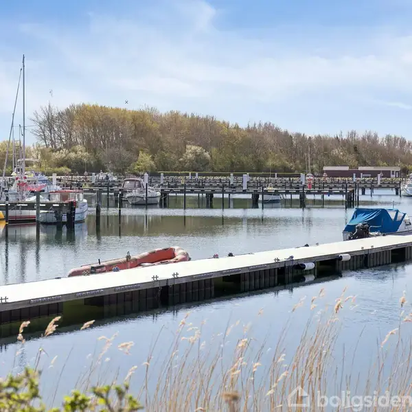 Både ligger ved en kaj i en marina, omgivet af rolige vand og træbeklædte bredder i baggrunden. Revet græs ses i forgrunden, og himlen er let skyet.