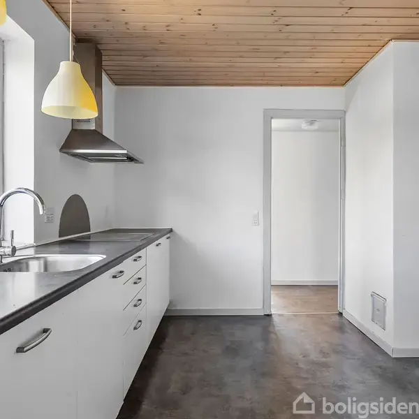 Køkken med hvide skabe og stålbordplade, indeholder håndvask og emhætte. Lamper hænger fra træloftet. Et vindue med udsigt til planter. Dør fører til et andet rum.