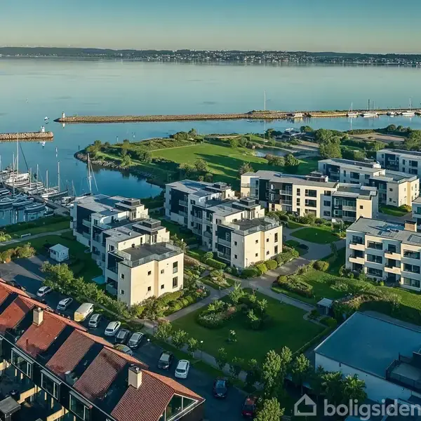 Lejlighedskompleks set oppefra omgivet af grønt område og havn med mange både. Moderne bygninger står tæt og danner et boligområde ved vandet med udsigt til havet.