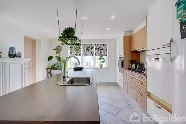 Et moderne køkken med lang køkkenø og integreret vask. Grønne planter hænger fra loftet. Baggrunden viser et vindue med mønstret gardin og træskabe langs væggen.