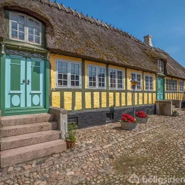 Et bindingsværkshus med stråtag og pastelgrønne døre står omgivet af en brostensbelagt gårdsplads. Røde blomster i potter tilføjer farve og charme til den landlige scene.