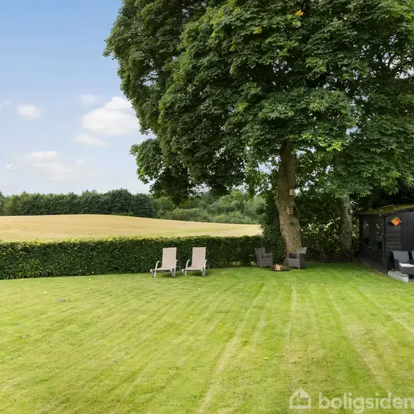 En græsplæne med to liggestole står ved siden af et stort træ og en sort skurbygning. I baggrunden ses en mark omkranset af hække og en blå himmel.