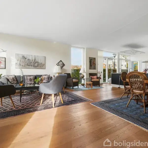 Stue med mørkegrå sofa og stole på blå tæppe, rundt spisebord med kurvestole til højre. Lysindfald gennem store vinduer i baggrunden, planter og reoler rundt om i rummet.