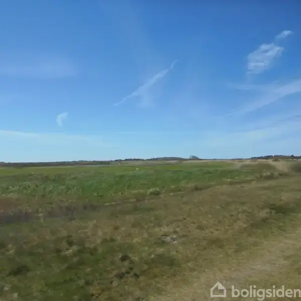 Grøn mark strækker sig mod horisonten under en klar blå himmel med spredte skyer. Marken er omgivet af åbne, flade områder.