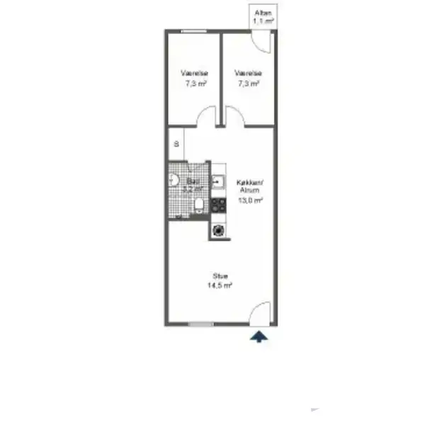 Etageplan viser en lejlighed med to værelser (begge 7,3 m²), køkken/alrum på 13 m², stue på 14,5 m², og en altan på 1,1 m².