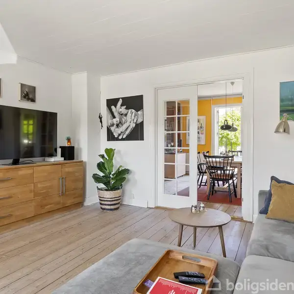 Fladskærms-TV står på en trækommode, flankeret af højtalere. Sofaen med puder står ved et lille rullebord. Franske døre fører til en farverig spisestue og grønne planter pryder hjørnerne.